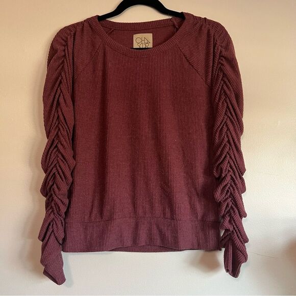 Chaser Women’s Burgundy‎ Recycled Sweater Small - Shirred Sleeve Detail - Picture 1 of 4